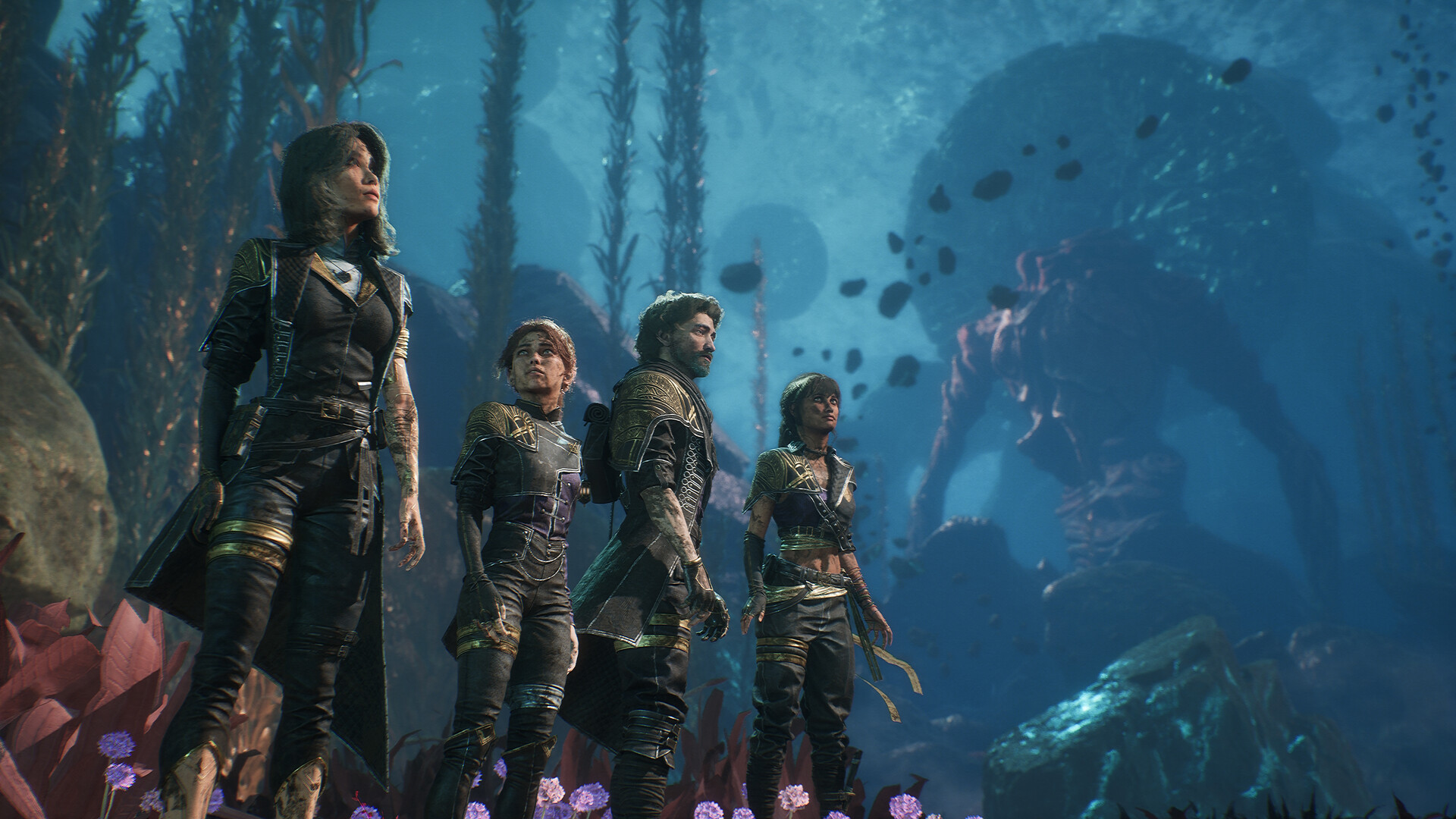 Lune, Maelle, Gustave, and Sciel standing together in a surreal blue landscape