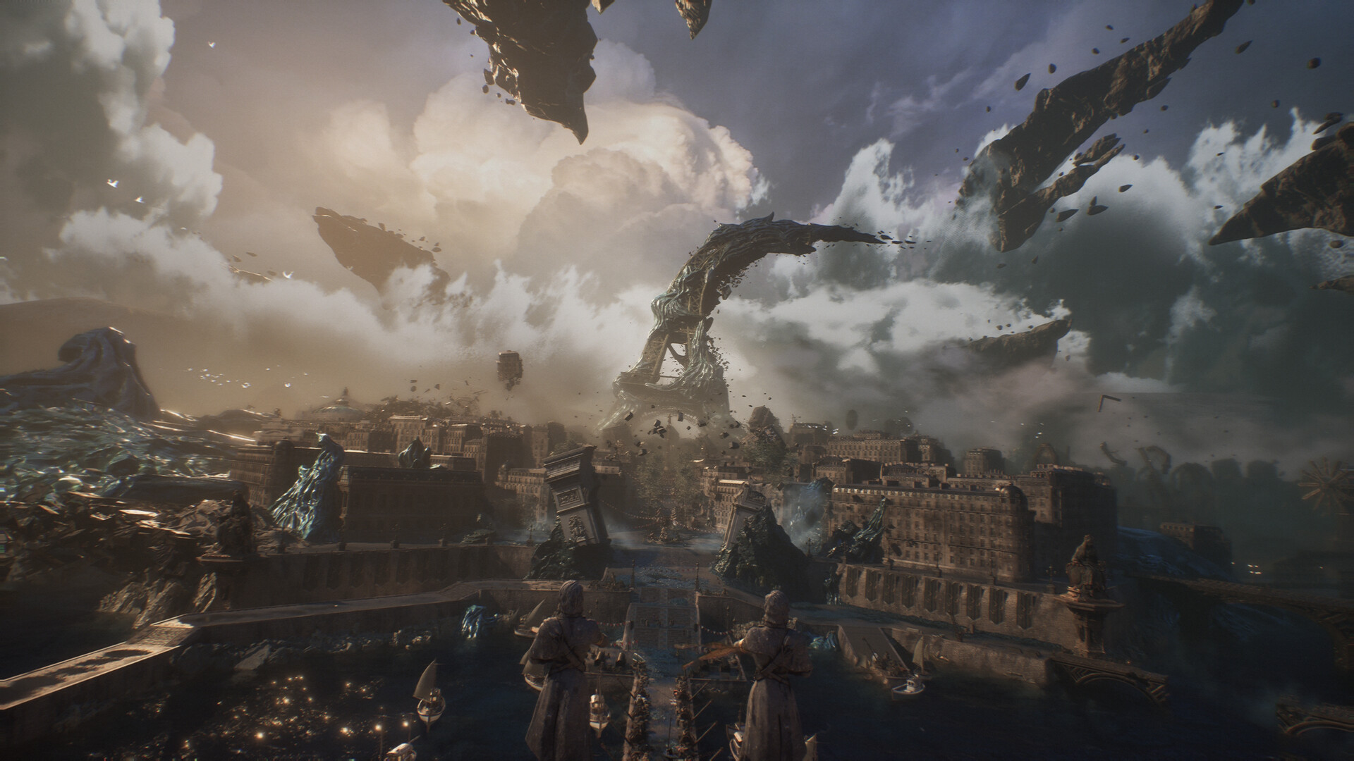 Lumière breaking apart beneath floating landmasses and a fractured sky