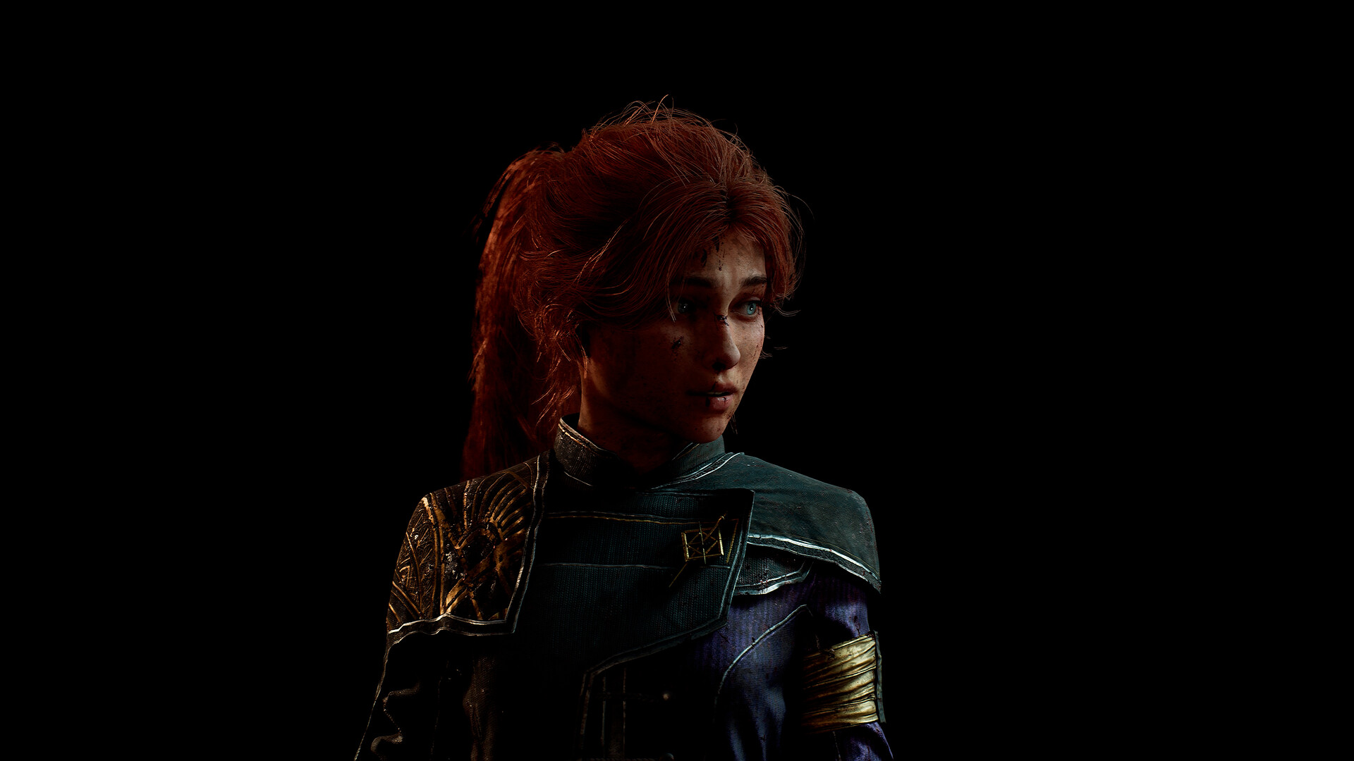 Maelle in expedition uniform against a dark background