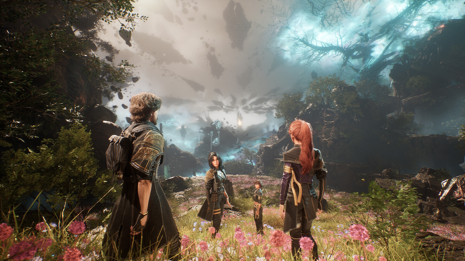 The expedition party crossing a flowered surreal landscape