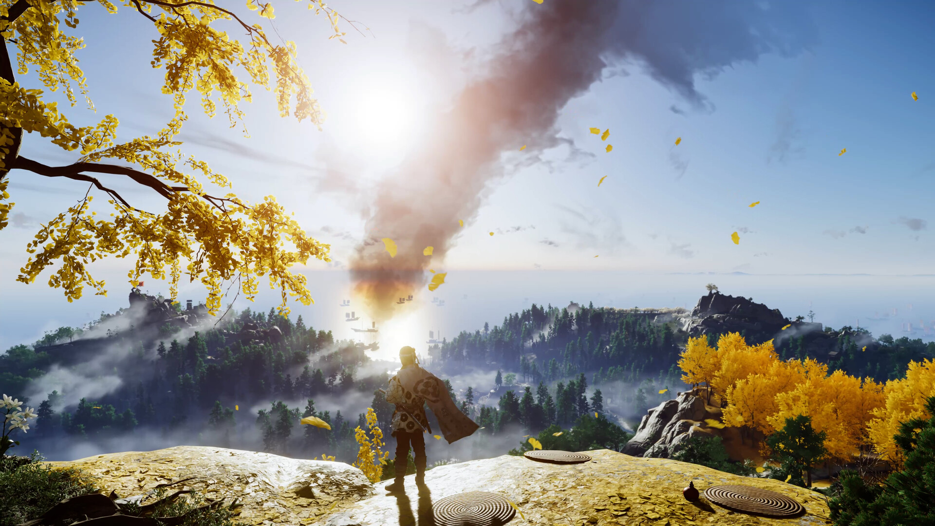 Jin standing on a windswept ridge overlooking a misty vista as golden ginkgo leaves drift past