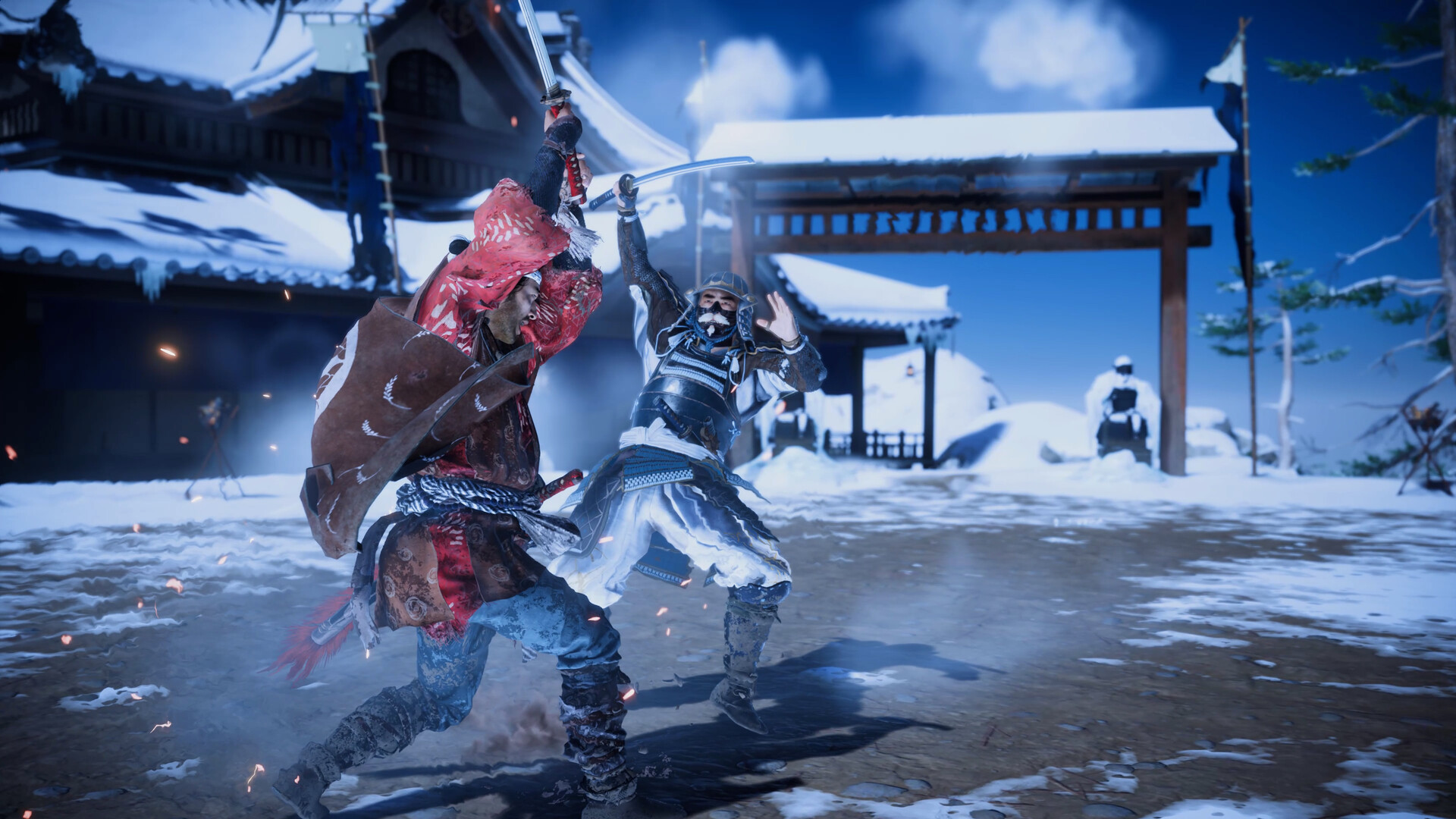 Jin clashing swords with an armored duelist in a snowbound village