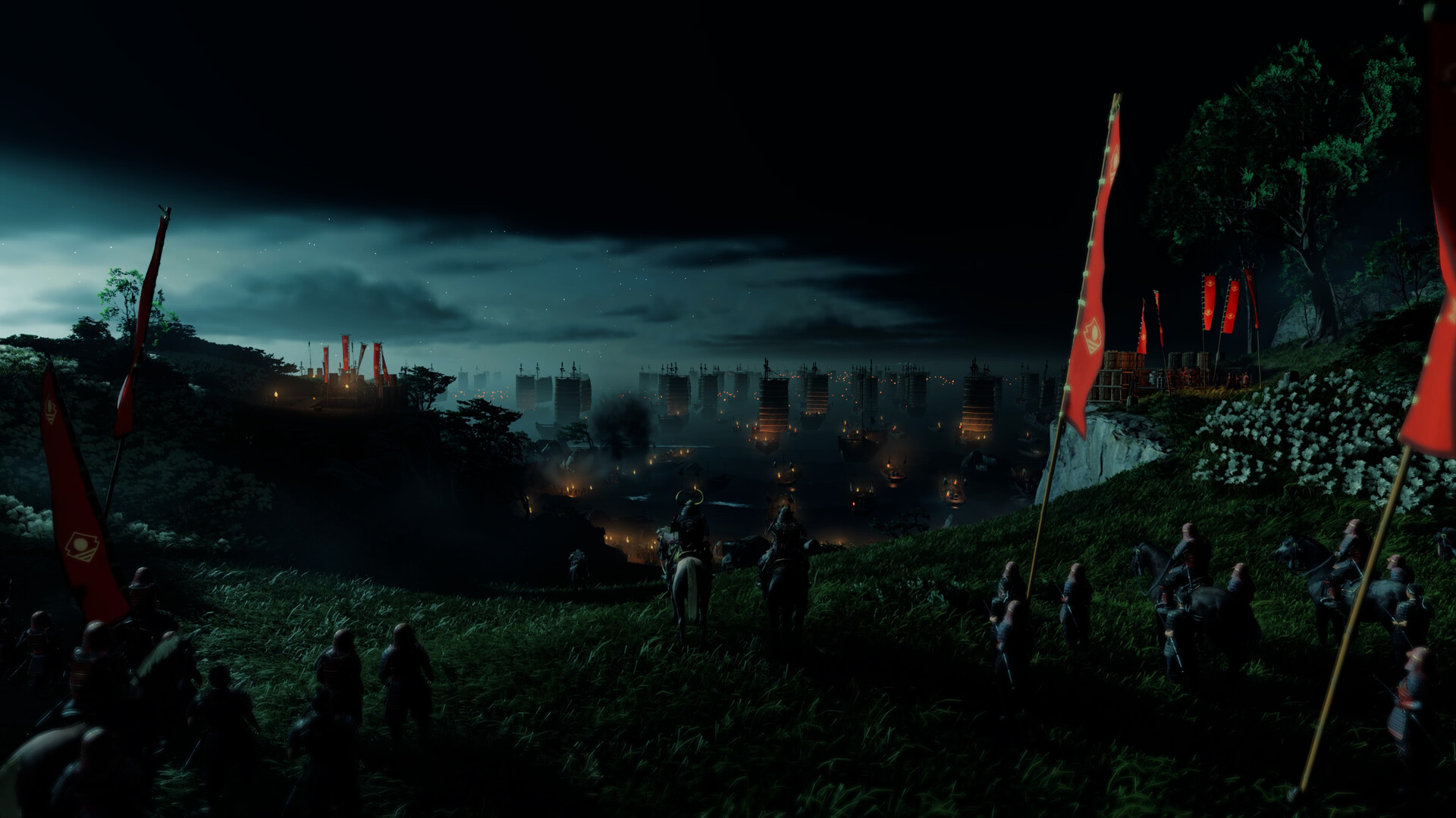 A Mongol invasion fleet anchored beneath red war banners on a moonlit coast
