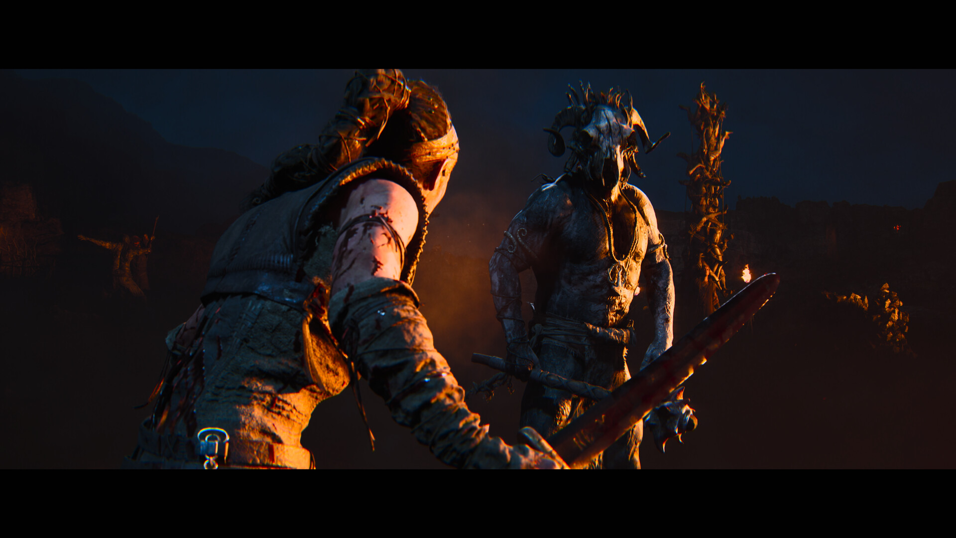 A near-photoreal close-up of Senua's face, lit by firelight