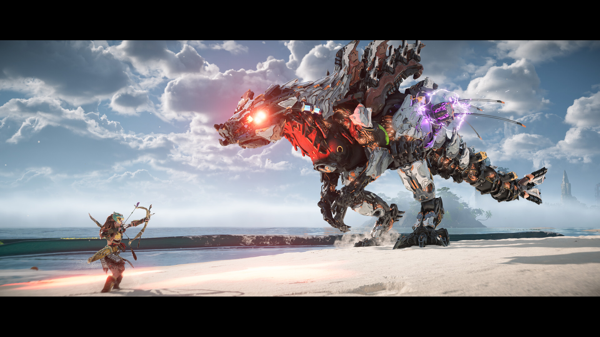 Aloy facing off against a towering machine with her bow drawn