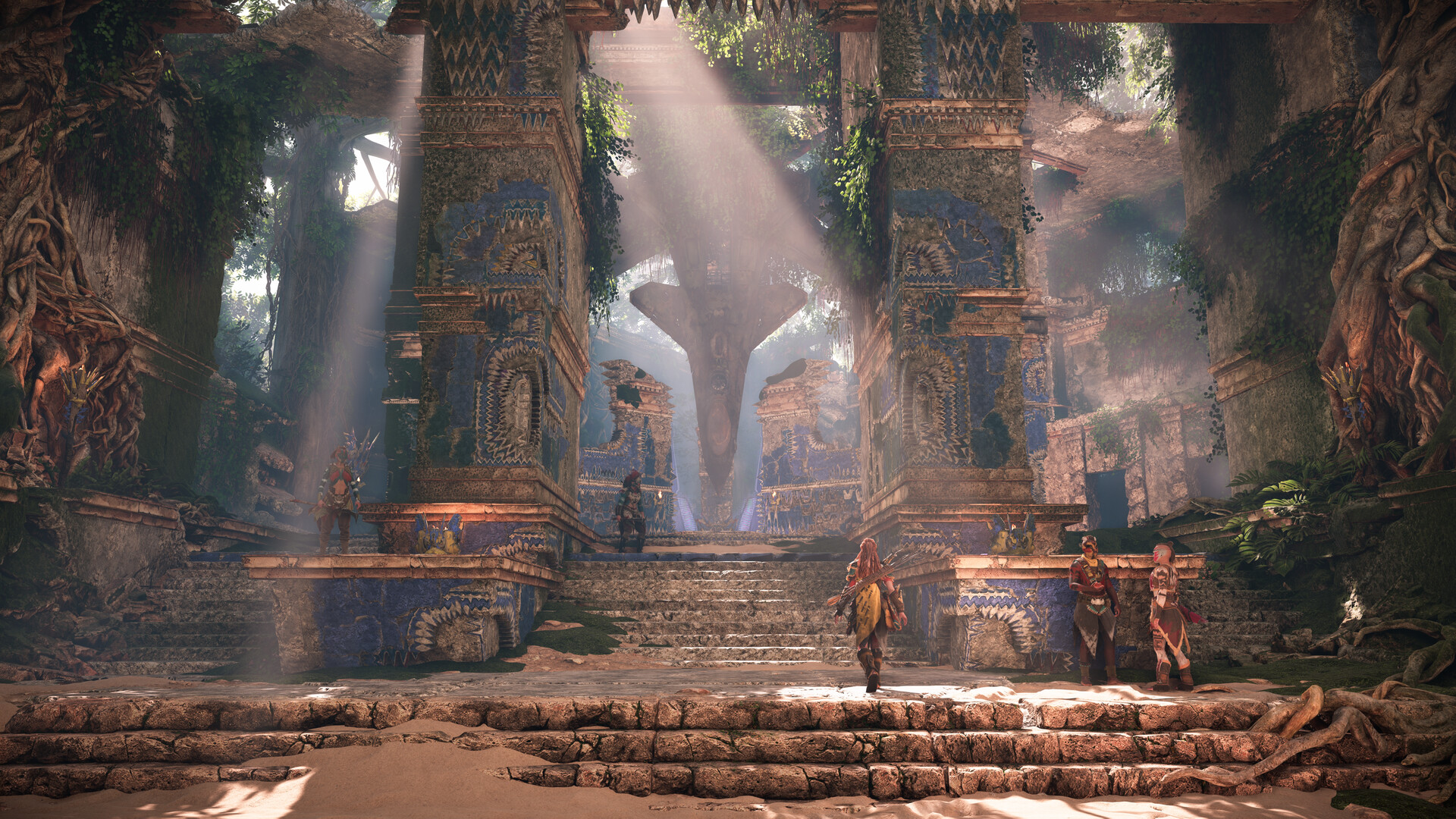 Aloy and her allies gathered in a sunlit, ruin-temple interior