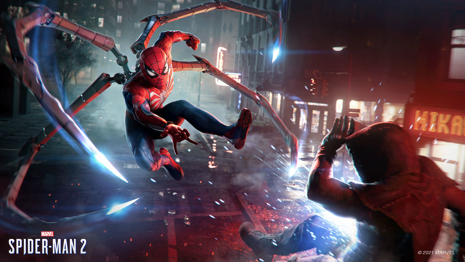 Spider-Man (Peter Parker) uses his Iron Spider arms to take down a generic bad guy