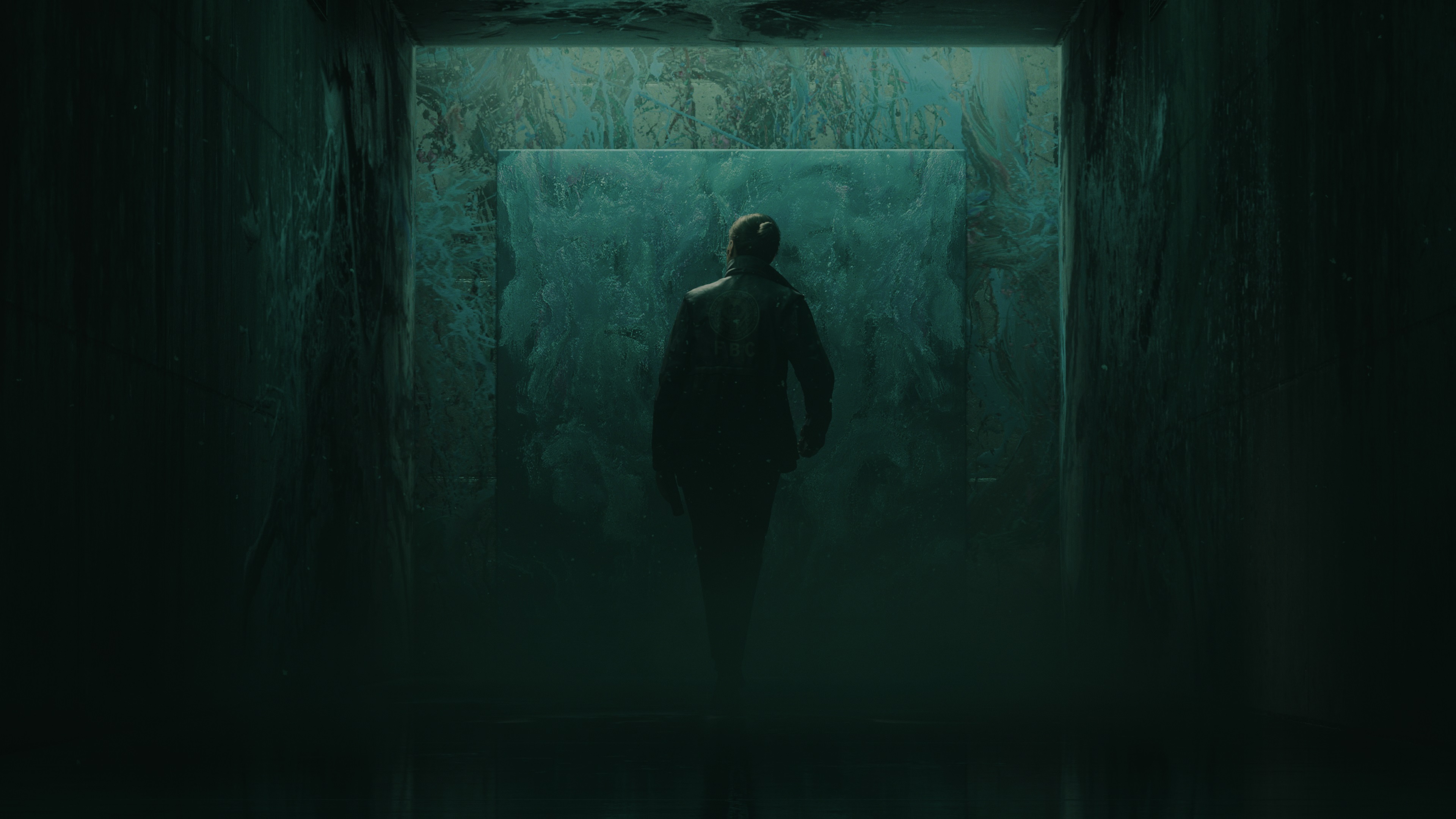 A lone figure facing a wall of churning paranatural matter inside the Lake House facility