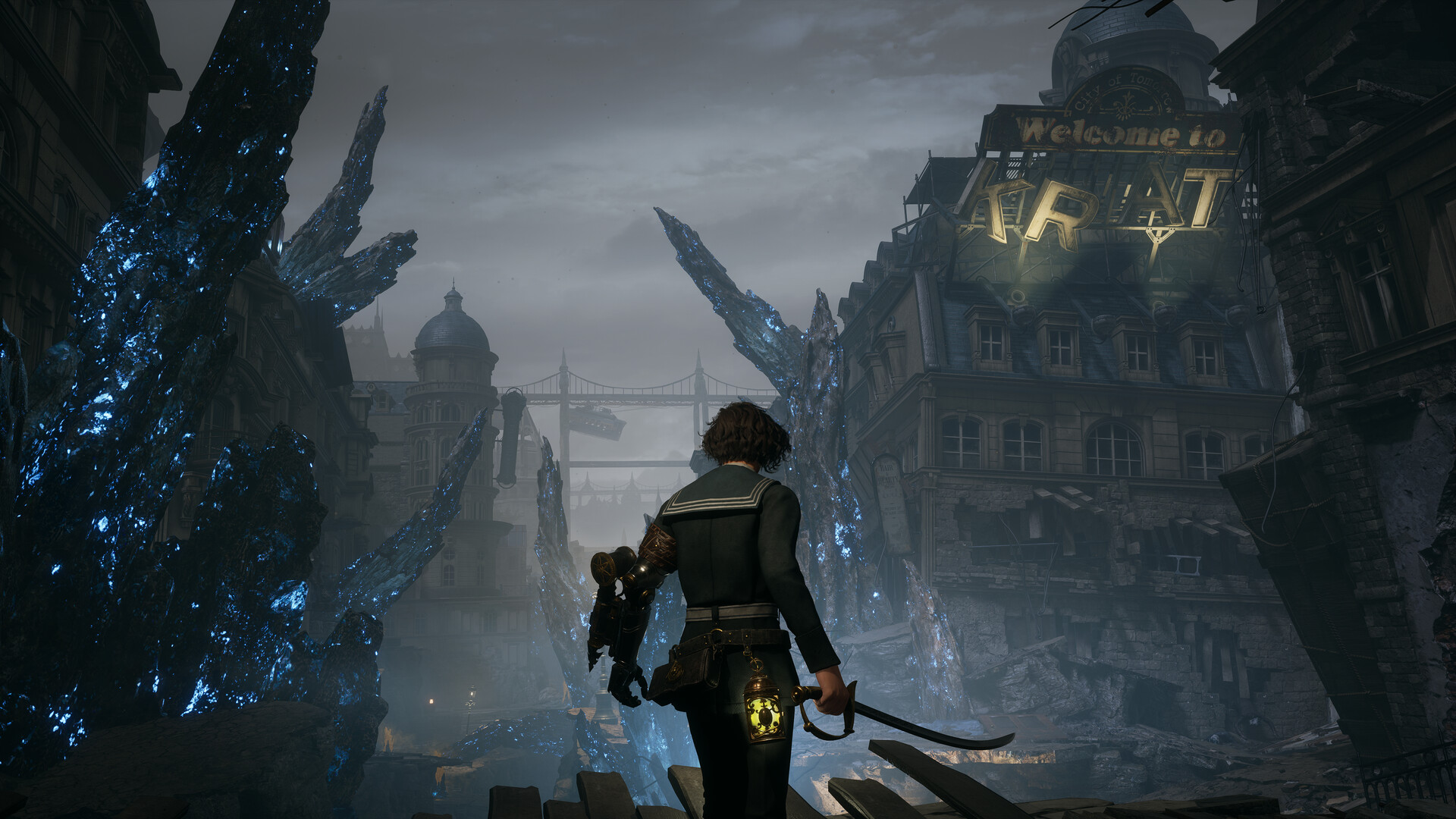 P overlooking the ruined, crystal-pierced streets beneath a Welcome to Krat sign