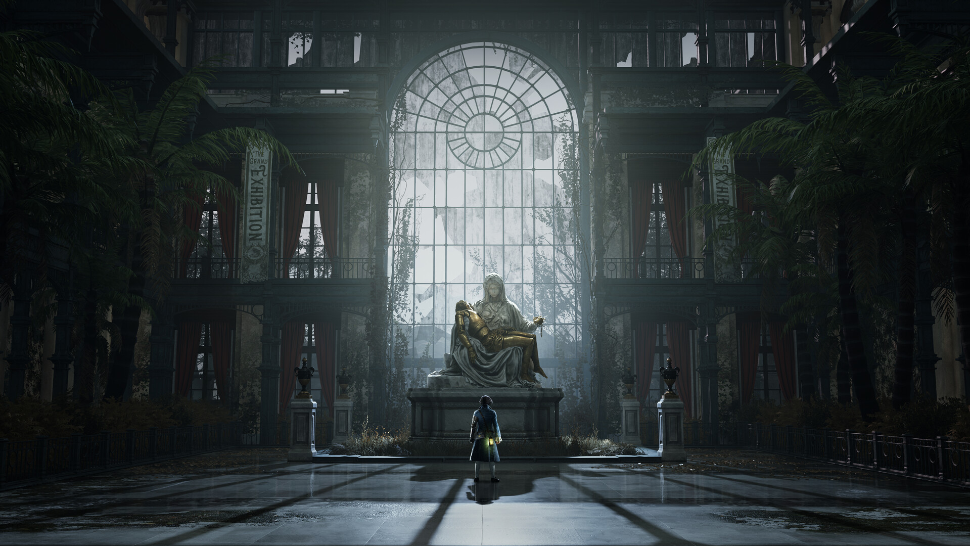 P standing before a Pietà statue in an overgrown, abandoned exhibition hall
