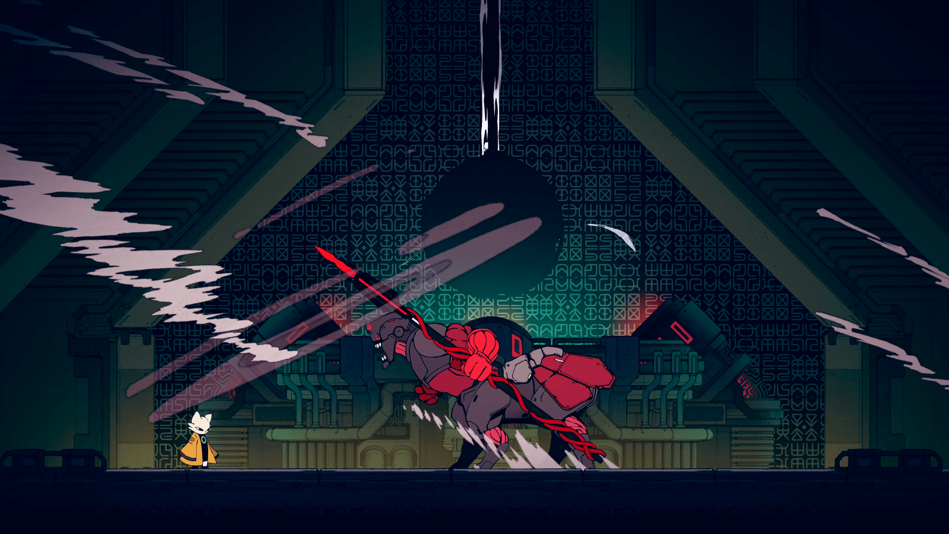 An image of Yi fighting the first main boss of the game