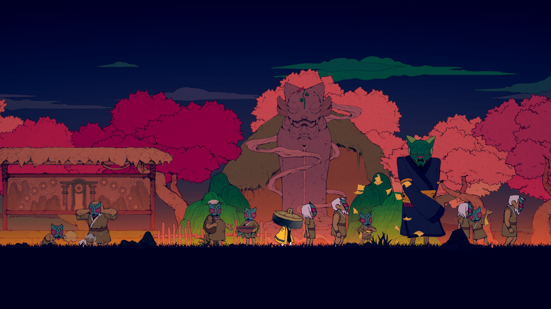 An image of a masked Yi in the middle of a village full of masked humans