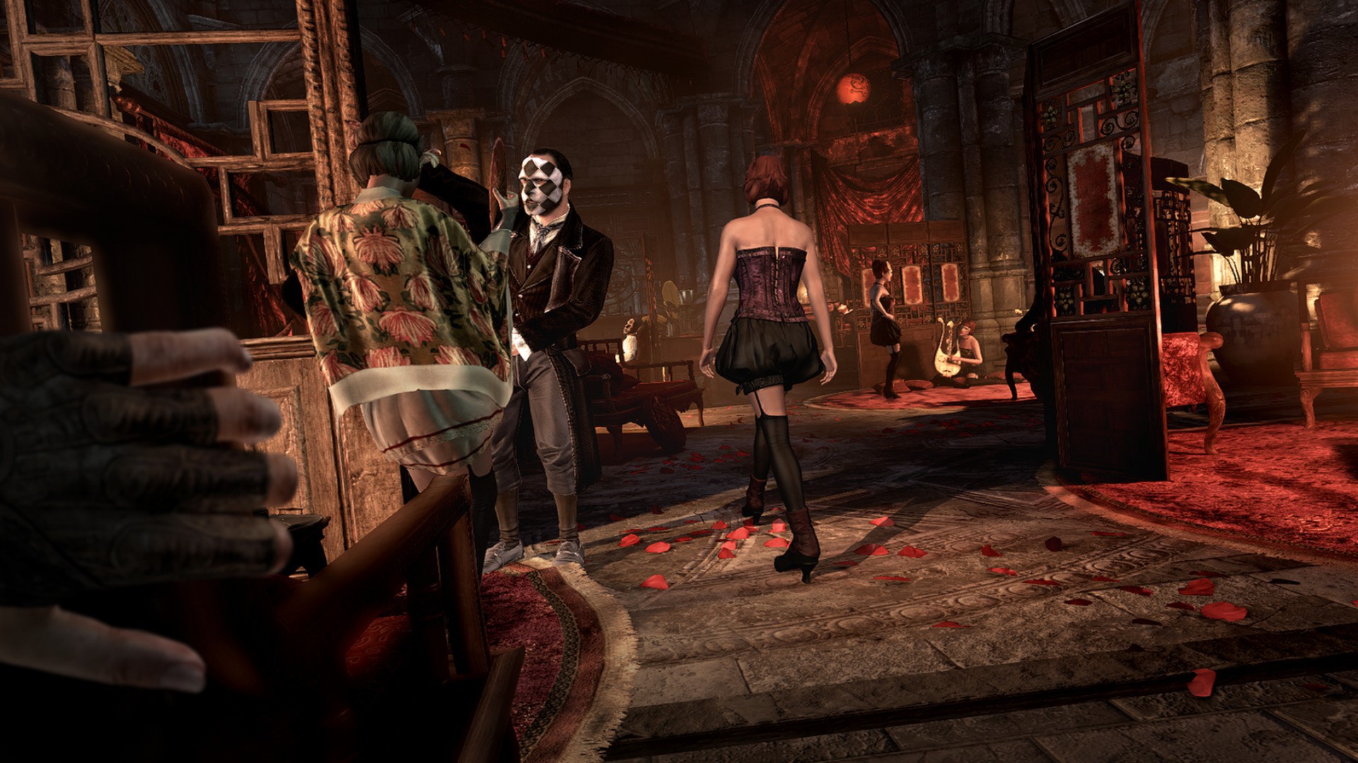 A candlelit, decadent gothic interior strewn with rose petals, masked figures lurking in the gloom