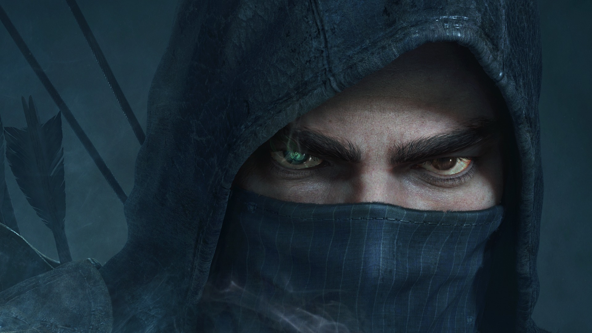 Thief cover art, Garrett hooded in shadow reaching a gloved hand toward the viewer