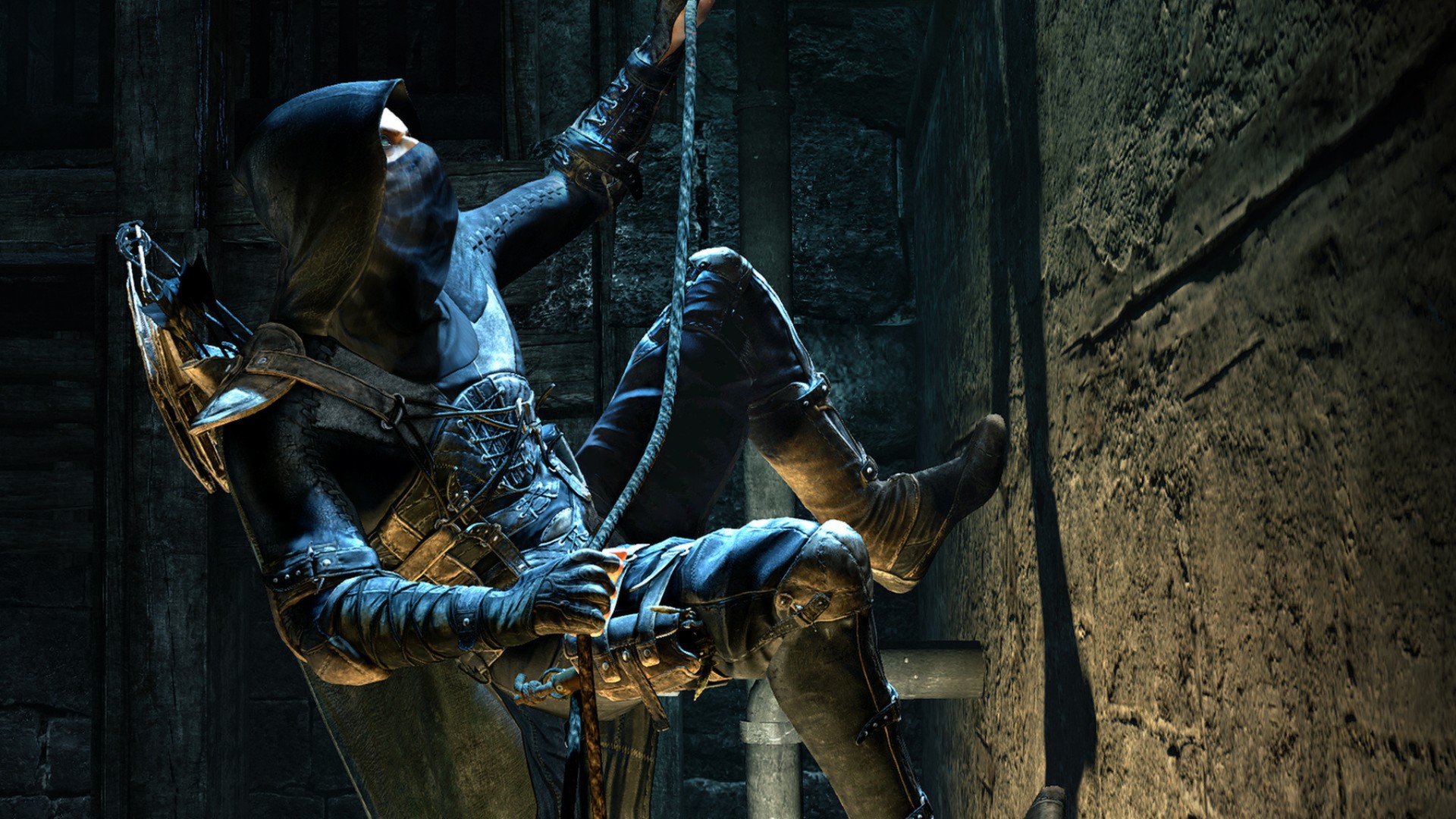 Garrett climbing a rope along a dark stone wall, bow slung across his back