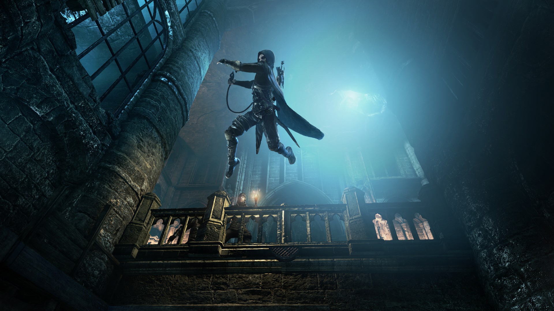 Garrett leaping through the air inside a vast gothic cathedral lit by cold blue light